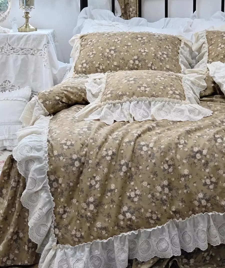 Set di biancheria da letto floreale pastorale romantico, copripiumino con federa per copriletto, copriletto, regina, king, marrone, fiore di pizzo, cotone, tessile per la casa