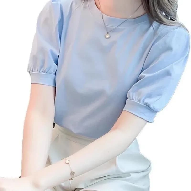 T-shirt da donna in cotone con maniche a sbuffo, girocollo, top estivo casual a maniche corte in tinta unita