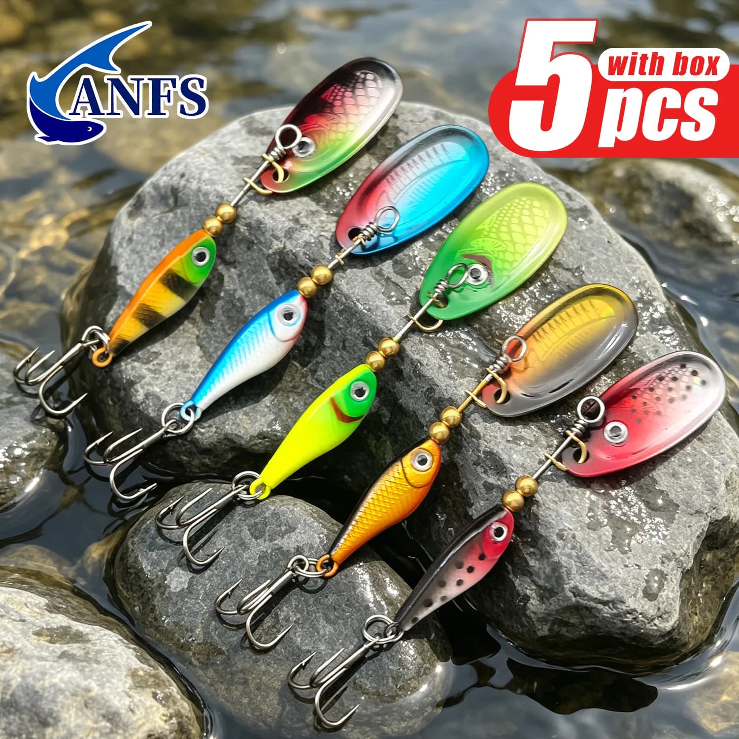 ANFS 5pcs Fishing Lure Spinner Baits for Freshwater and Saltwater, Hard Metal Baits for Bass Trout Salmon with Tackle Box
