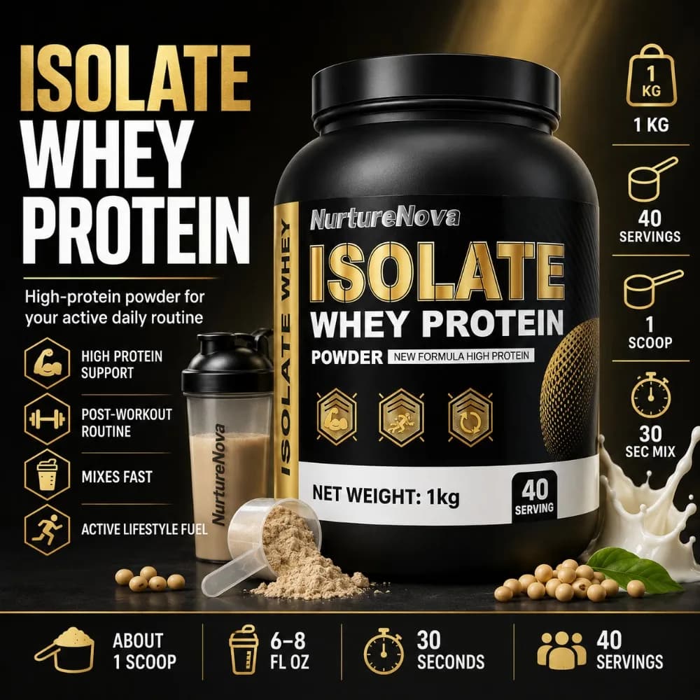 NurtureNova Proteine Isolate del Siero di Latte in Polvere 1kg, Miscela Nutriente per Fitness, 40 Porzioni, Formula per Allenamento e Supporto Quotidiano