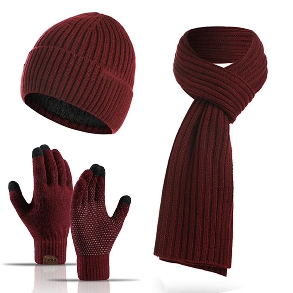 Berretti ispessiti alla moda Sciarpa Guanti Set Berretto unisex foderato in pile Cappello invernale caldo lavorato a maglia 3 in 1 Set per donne e uomini