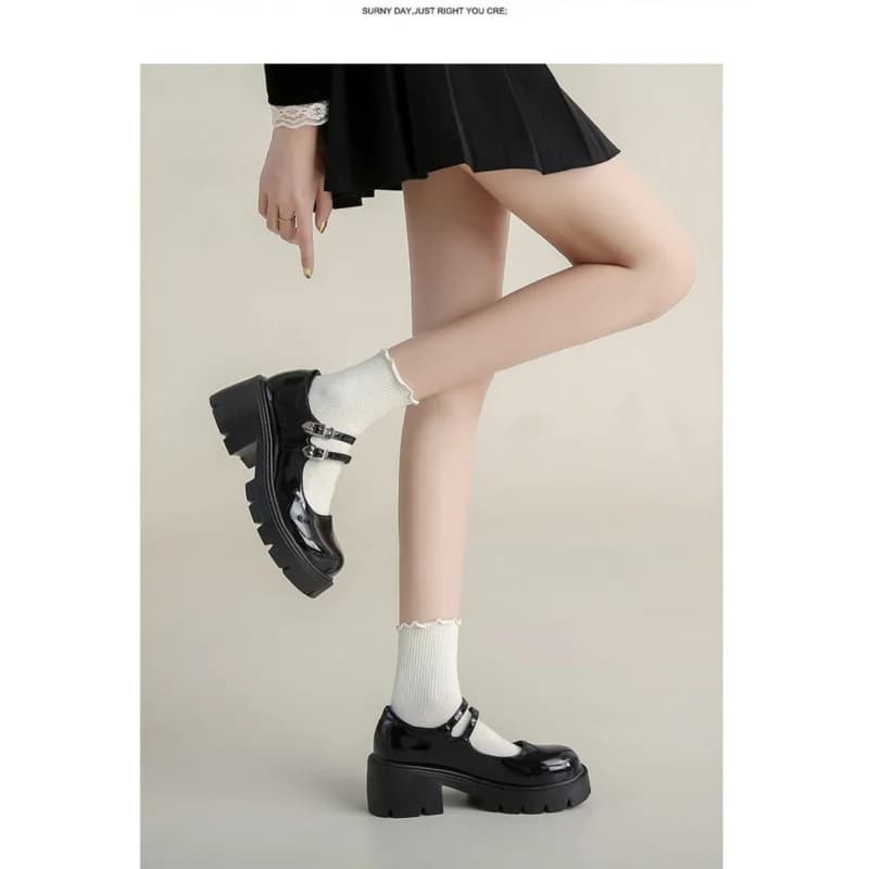 Mary Jane Shoes with Plateau for Women - 2026 Kawai Lolita Leather Painted with Big Heel and Buckle, JK Uniform Shoes and Daily Use