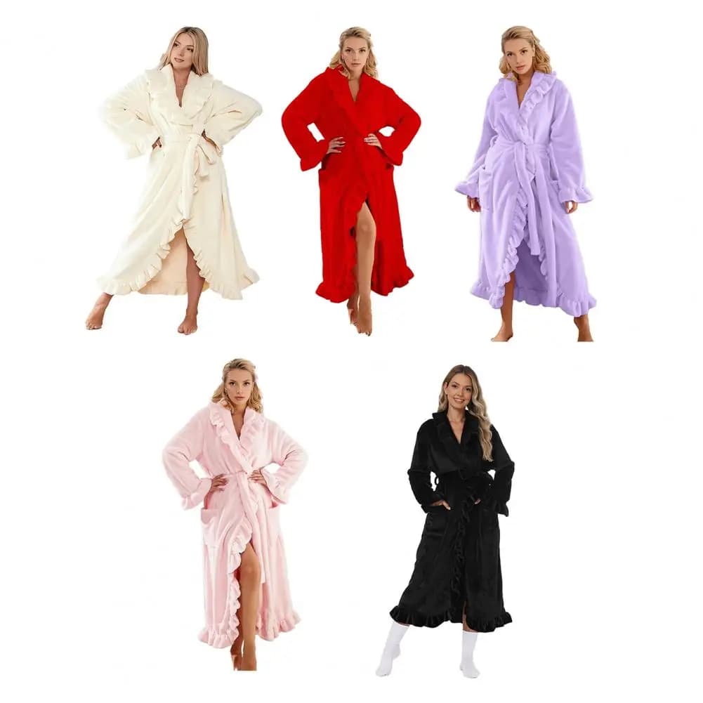 Sexy Style Princess Kimono Bathrobe Long Sleeved Dress Homewear Elegant Coral Fleece Warm Underwear Lingerie Night Shirt with Pockets