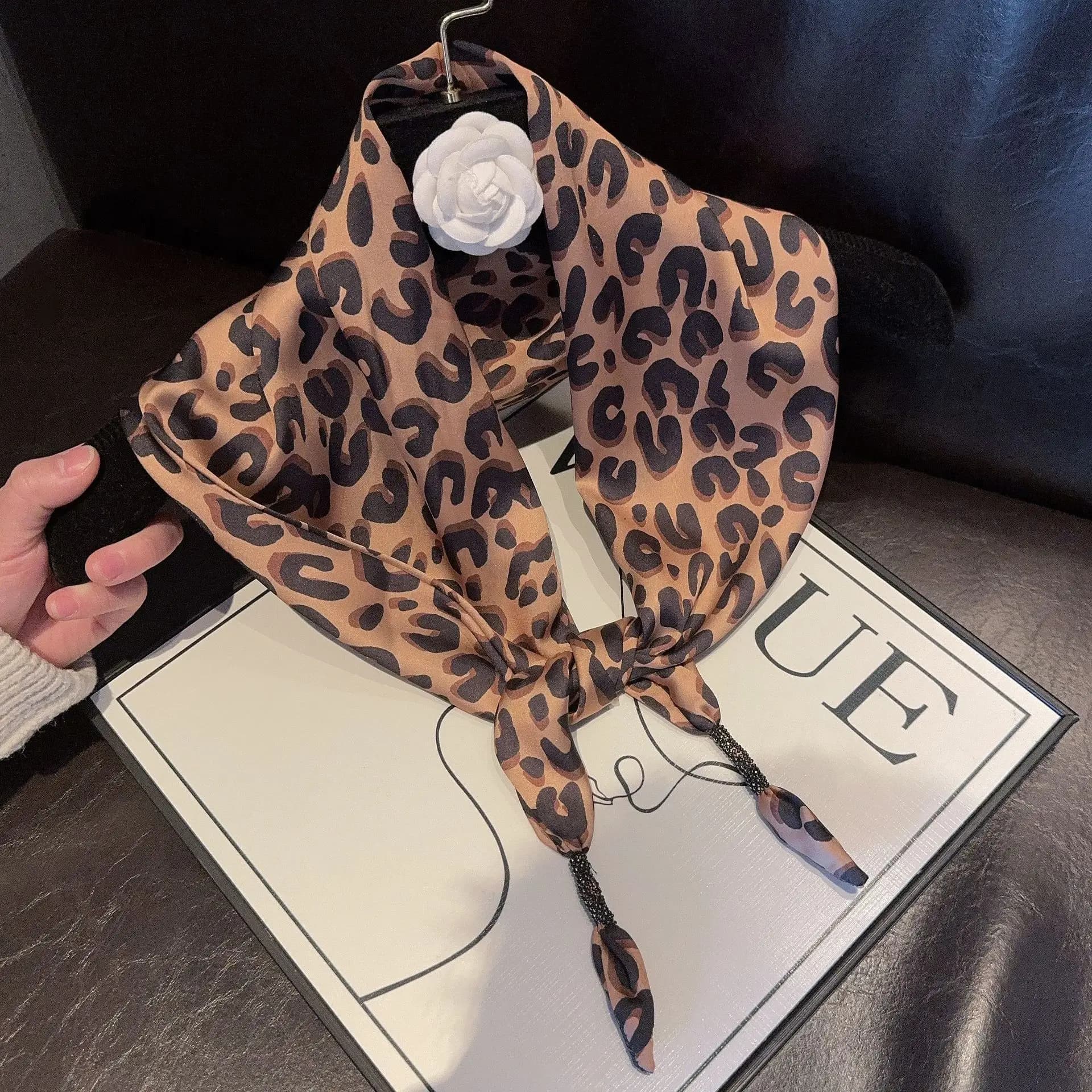 Leopard Triangular Silk Scarf Women Luxury Travel Shawl Soft Satin Hairband Hands Bag Ribbon Foulard Hijab Neckerchief Headband