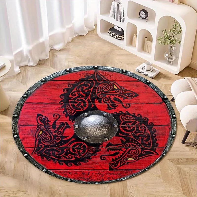 Round carpet with Viking dragon pattern, non-slip decorative mat for living room, bedroom, yoga, balcony and home decor