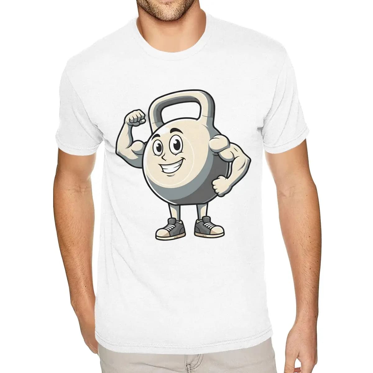 Black gym shirt with Kettlebell print Cartoon for men 5XL White cotton short sleeve shirt with O neckline