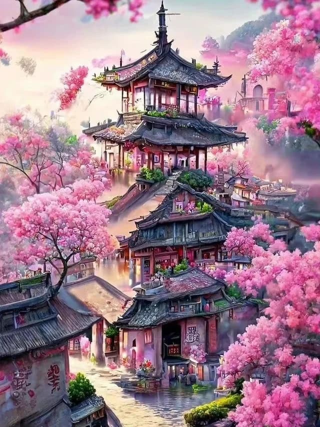 Ancient Pavilion Pink Cherry Blossom Misty Mountain Town Landscape Diamond Painting,Wall Art Picture For Living Room Home Decor