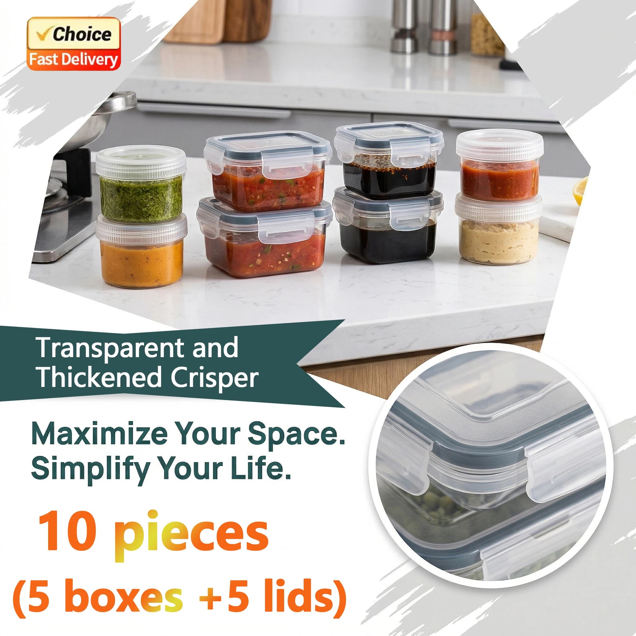 Set di 10 Contenitori in Plastica per Alimenti, 5 Misure, Impilabili e Riutilizzabili per Frutta, Verdura, Pasta, Pranzo, Cucina