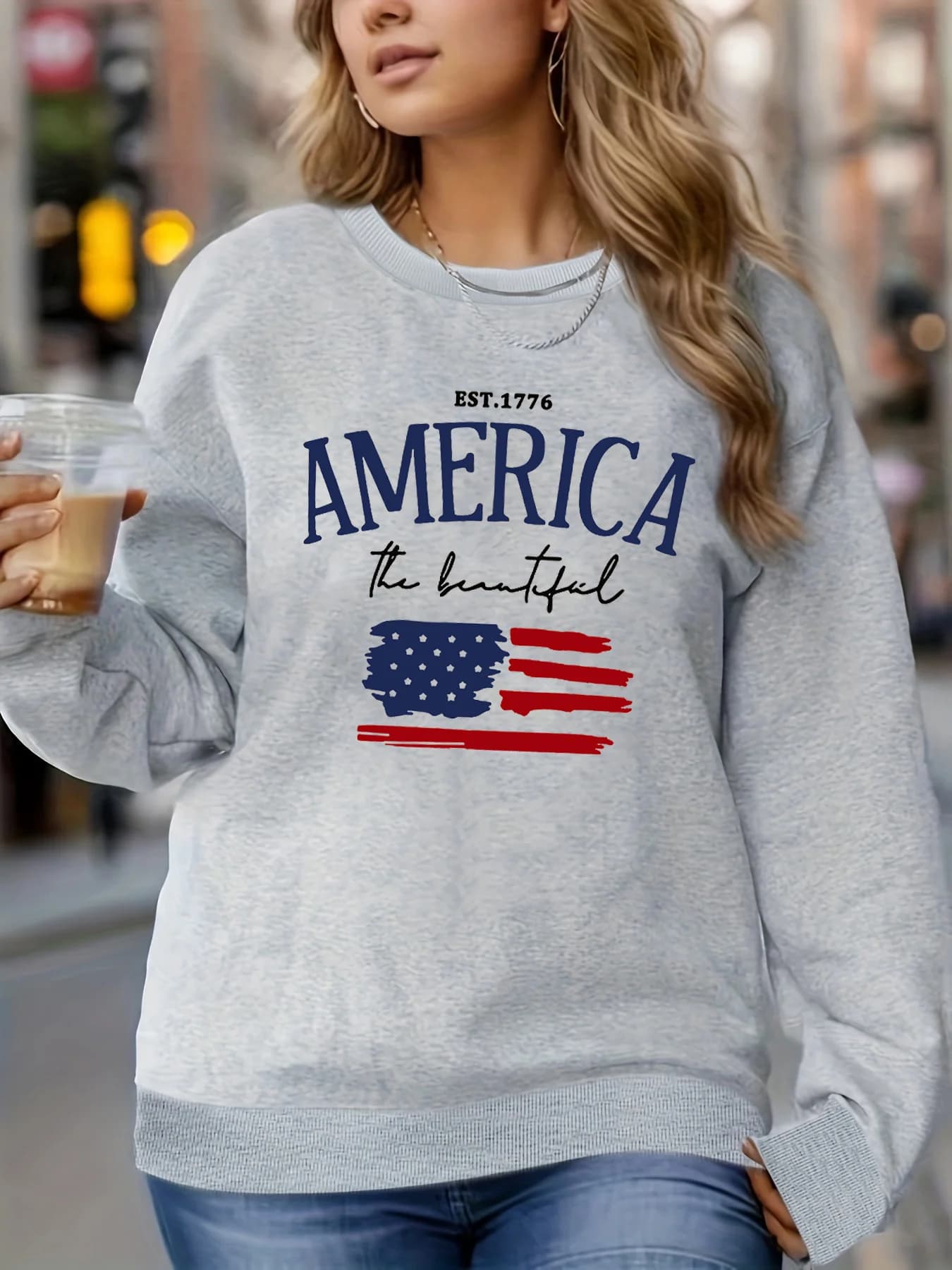 Women's autumn and winter casual fashion loose and comfortable warm American flag print round neck long sleeved pullover