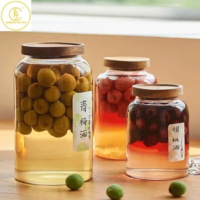 1.3/2/2.8L Glass Round Food Storage Jar with Wooden Lid Coffee Beans Tea Grains Canister Home Dried Fruit Snacks Storage Tank
