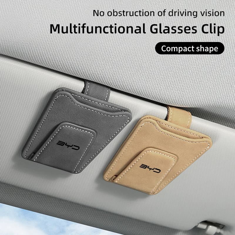Occhiali per visiera parasole per auto Clip per occhiali da sole in pelle porta carte per BYD F3 I3 F0 F6 S6 S8 E5 E6 G3 G6 L3 S7 M6 Tang Song Qing Yuan Max
