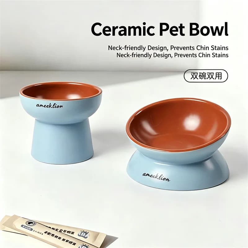 Elevated Ceramic Cat Bowl Tilted Raised Pet Feeder Neck‑Friendly Anti‑Chin Stain Food Water Bowl for Cats Small Dogs