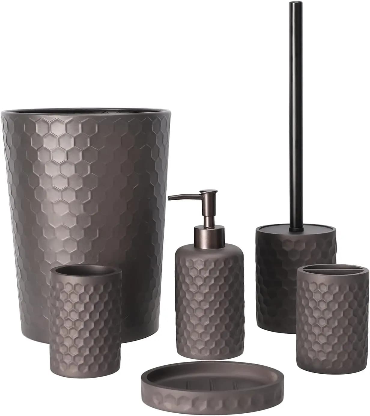 Set di 6 Accessori per Bagno in Bronzo con Cestino, Portaspazzolini, Porta Bicchieri, Dispenser Sapone, Porta Sapone Liquido e Spazzola WC
