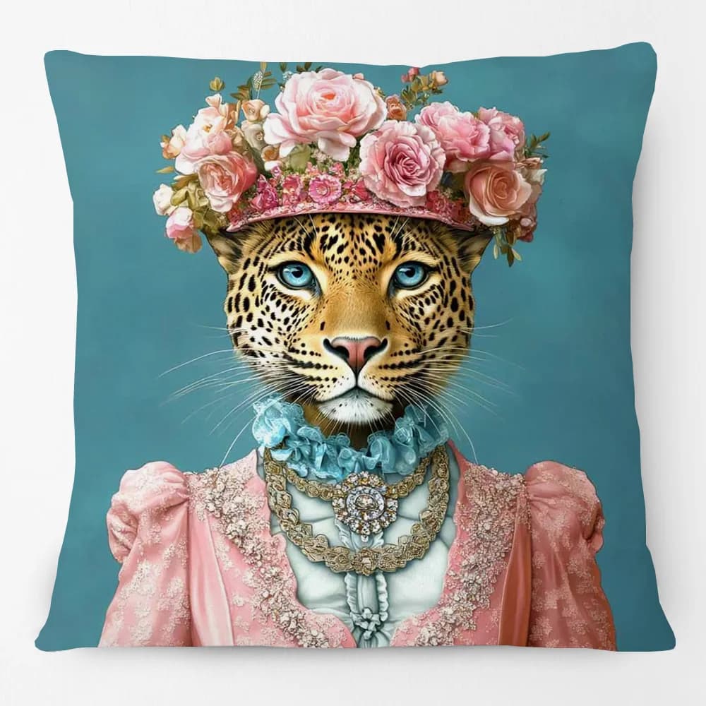 Federa per Cuscino in Stile Rinascimentale con Stampa di Tigre e Leopardo con Corona Floreale di Rose