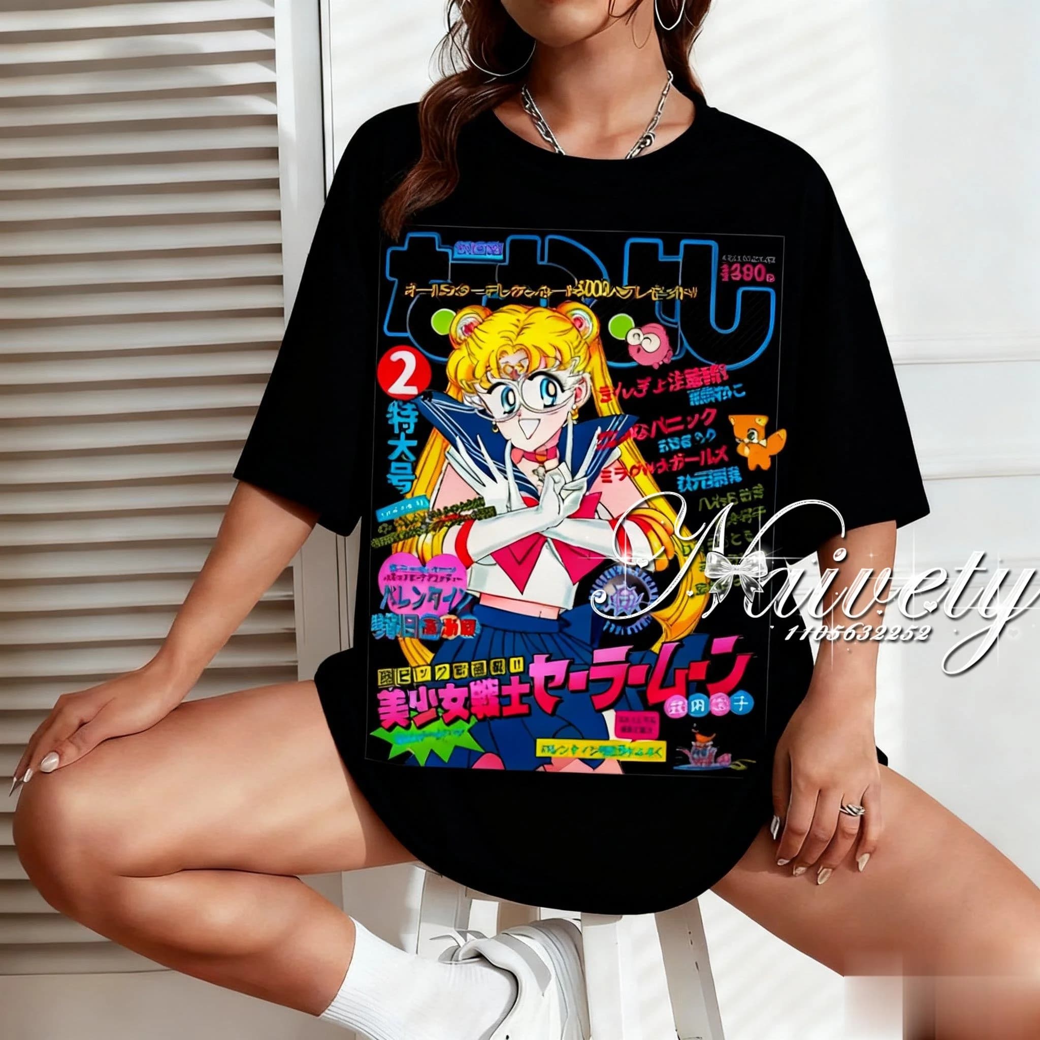 T-shirt in cotone stampata Sailor Moon Estate 2026, unisex, vestibilità ampia, casual, sportiva, con grafica anime di Tsukino Usagi e copertina di manga
