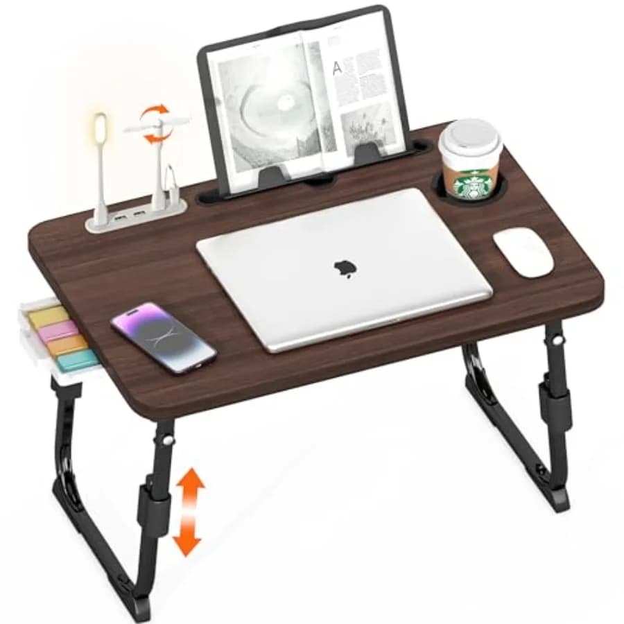 Laptop Desk for Bed Height Adjustable Lap Bed Table with USB/Storage Drawer/Cup Holder/Tablet Stand/Book Shelf Foldable Breakfa