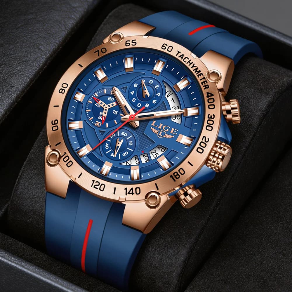 LIGE Luxury Military Men Watch Waterproof Luminous Date Sport Man Wristwatch Chronograph Silicone Strap Quartz Men's Watches+Box