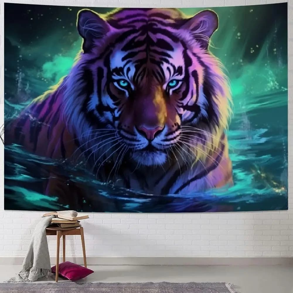 1pc Psychedelic Neon Tiger Tapestry - Vibrant Wildlife Wall Hanging with Cosmic Galaxy Background, Trippy Space Decor for Bedroo