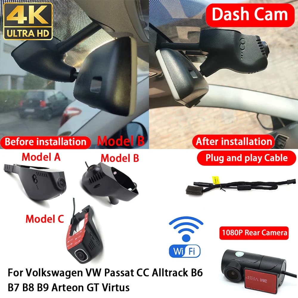 for Volkswagen VW Passat CC Alltrack B6 B7 B8 B9 Arteon GT Virtus 4K 2160P Dash Cam Front Rear Car Camera DVR Wifi Plug & Play