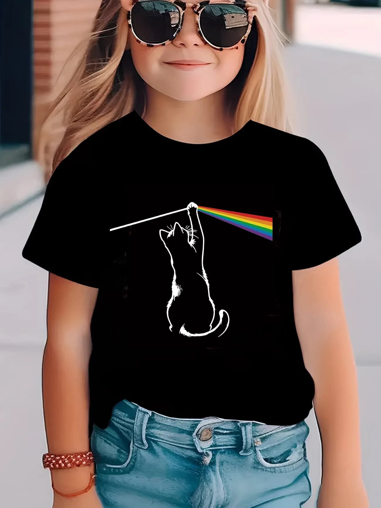T-shirt stampata con design Fashion Rainbow Cat, T-shirt per bambini, ragazzi e ragazze, top casual estivo primaverile