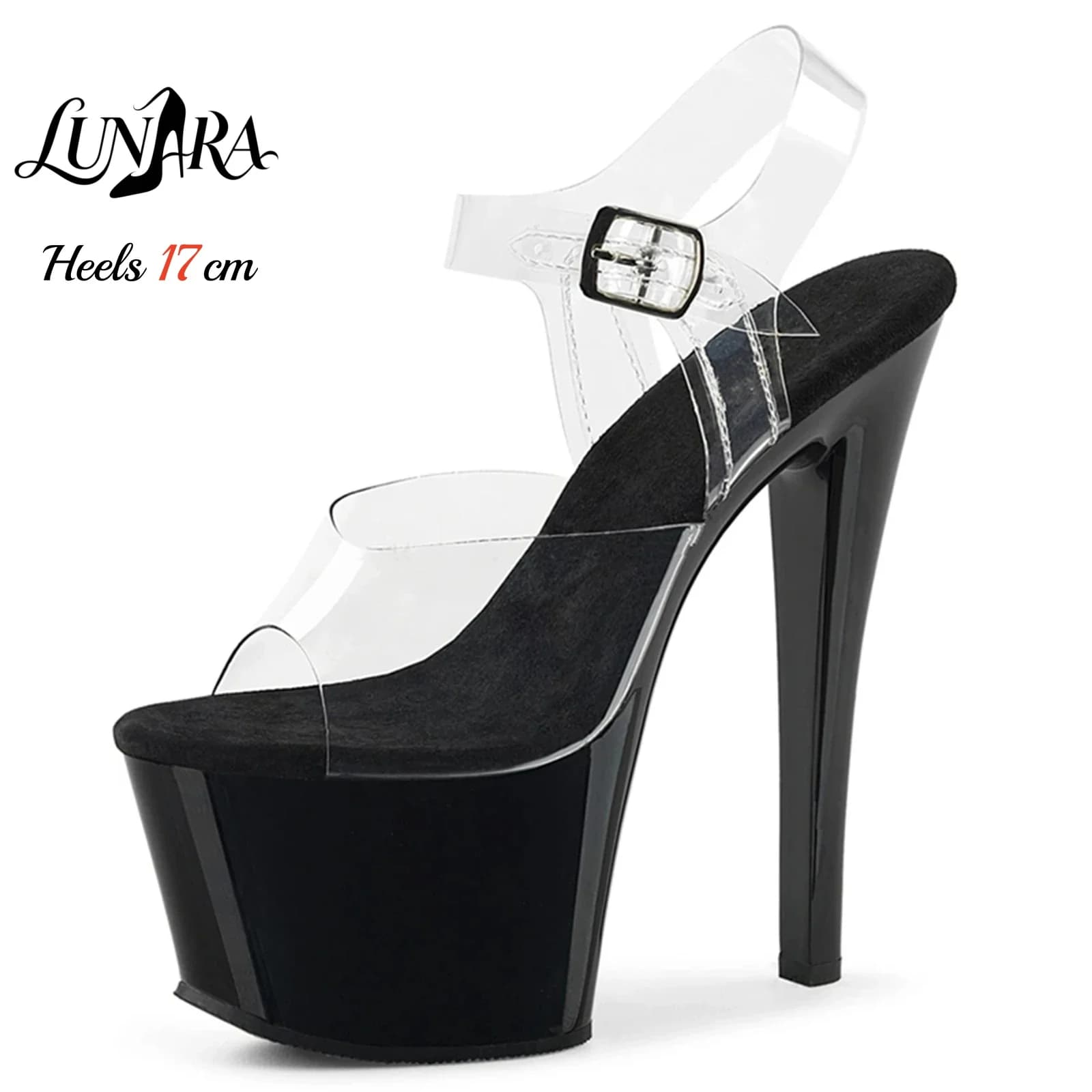 17cm/7 Inch Clear Heel Platform Sandals Black Open Toe Adjustable Buckle Non-slip Sexy Stage Performance Nightclub Pole Dance