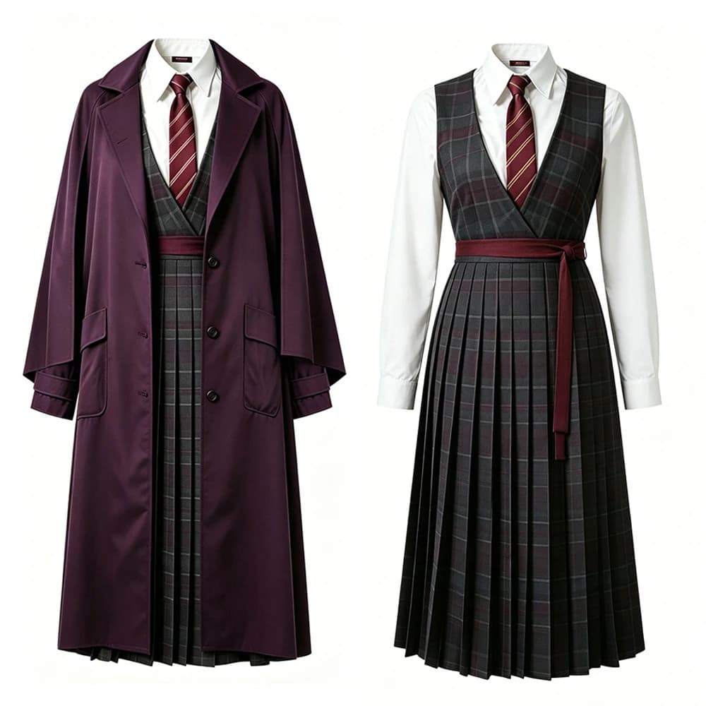 Nuovo Set Uniforme di Hermione Granger, Cappotto da Mago Viola, Abito Plissettato Tartan con Cintura e Cravatta, Costume Cosplay Hogwarts Stile Dark Academia
