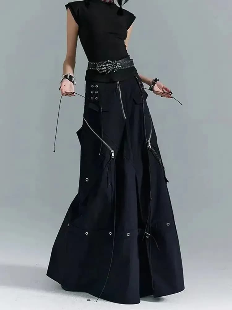 2025 Nuovo Gotico Y2K Cargo Denim Gonna Lunga Donna Harajuku Vintage Nero Fasciatura Jeans Gonne Estetico A Vita Alta Una Linea Gonne