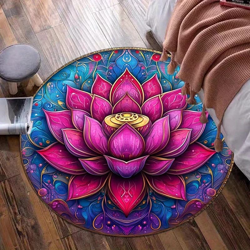 Round carpet with mandala lotus flower, spiritual design for meditation yoga, colored blue pink, soft non-slip mat