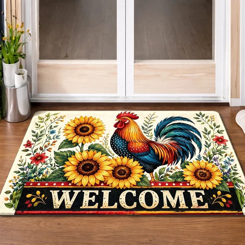 Tappetino da Ingresso Lavabile con Motivo Gallo e Girasole Stile Rustico per Porta d'Ingresso, Cucina, Bagno, Camera da Letto, Soggiorno, Corridoio, Portico