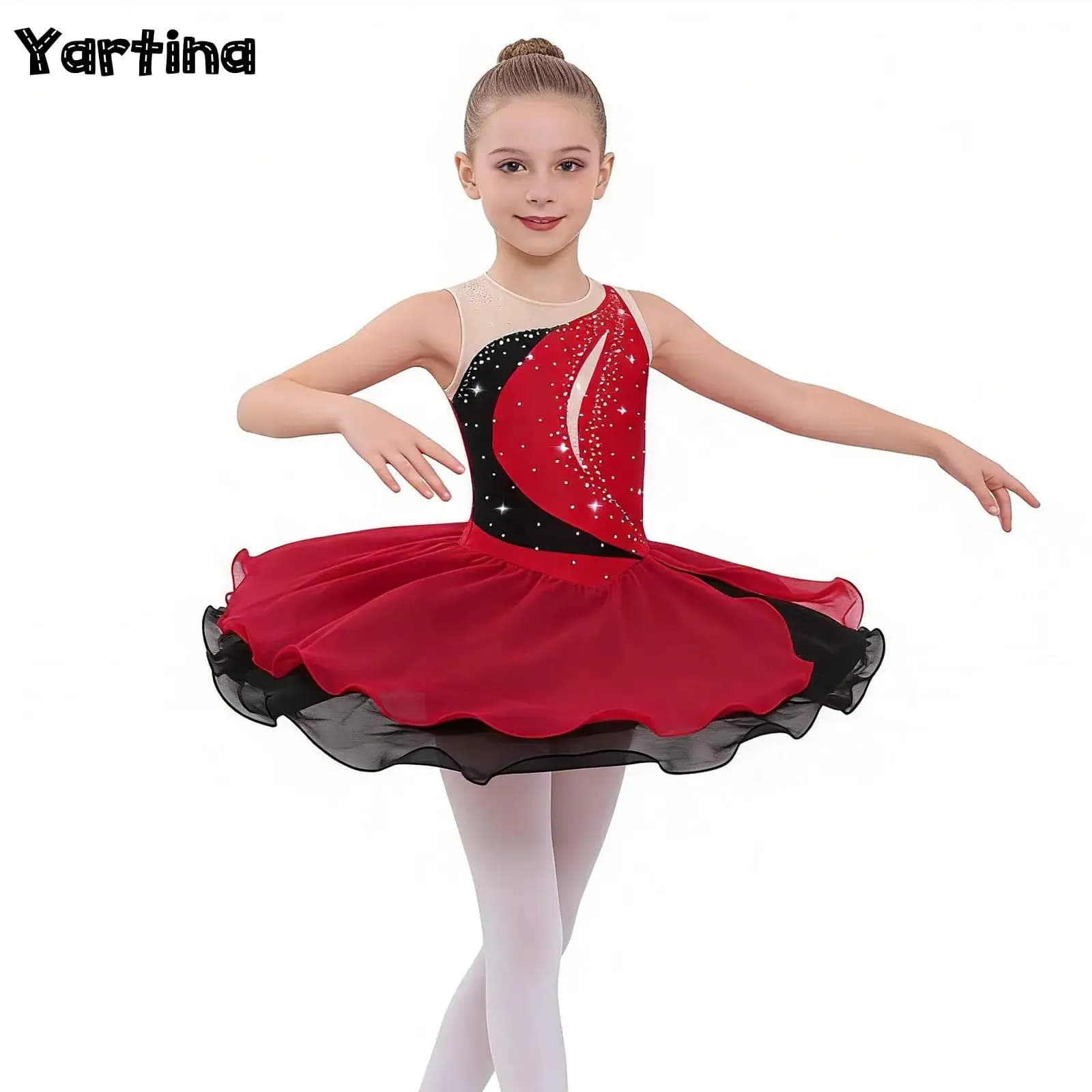 Abito da balletto per pattinaggio di figura artistico con strass lucidi per bambina, con volant, per ginnastica ritmica, maglia da balletto, abito da ballo lirico