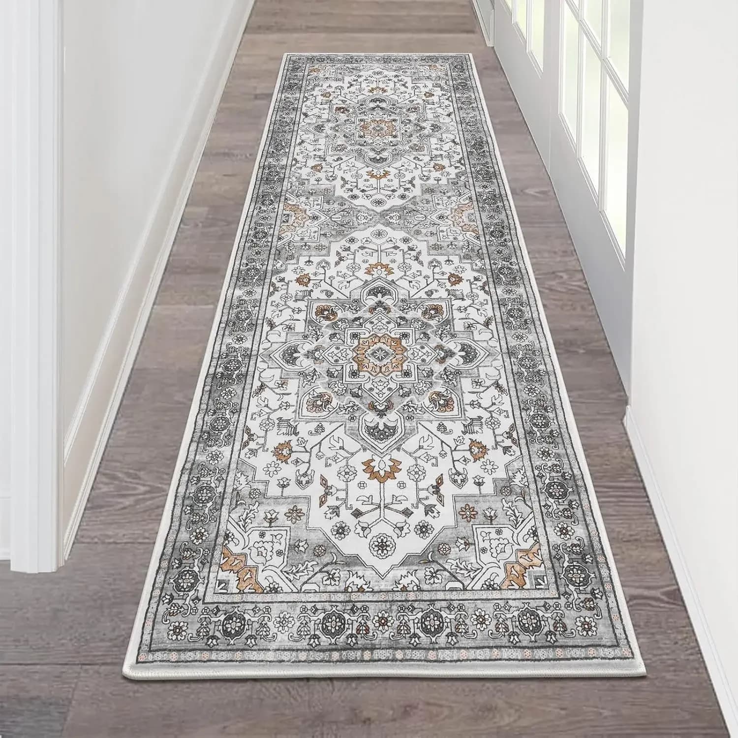 Hot Sale Non Slip Luxurious Vintage Runner Rug Grey Orange Intricate Pattern Washable Rug for Bedroom Living Room & Hallway