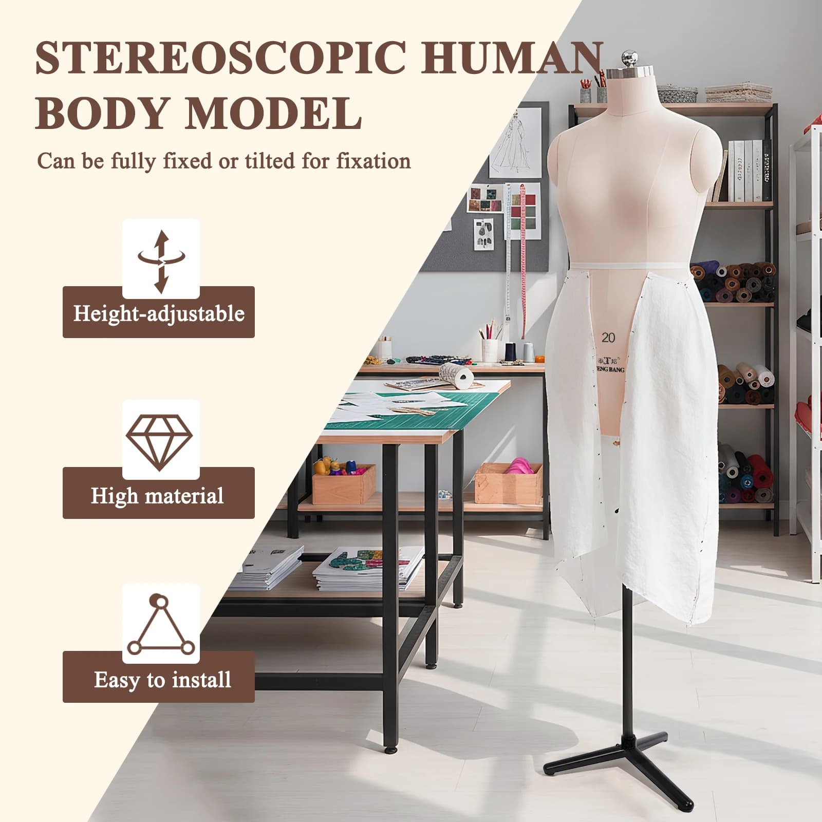 Manichino Femminile Mezzo Busto Professionale Regolabile in Altezza per Sartoria, Corpo in Schiuma con Supporto in Metallo per Negozi e Boutique