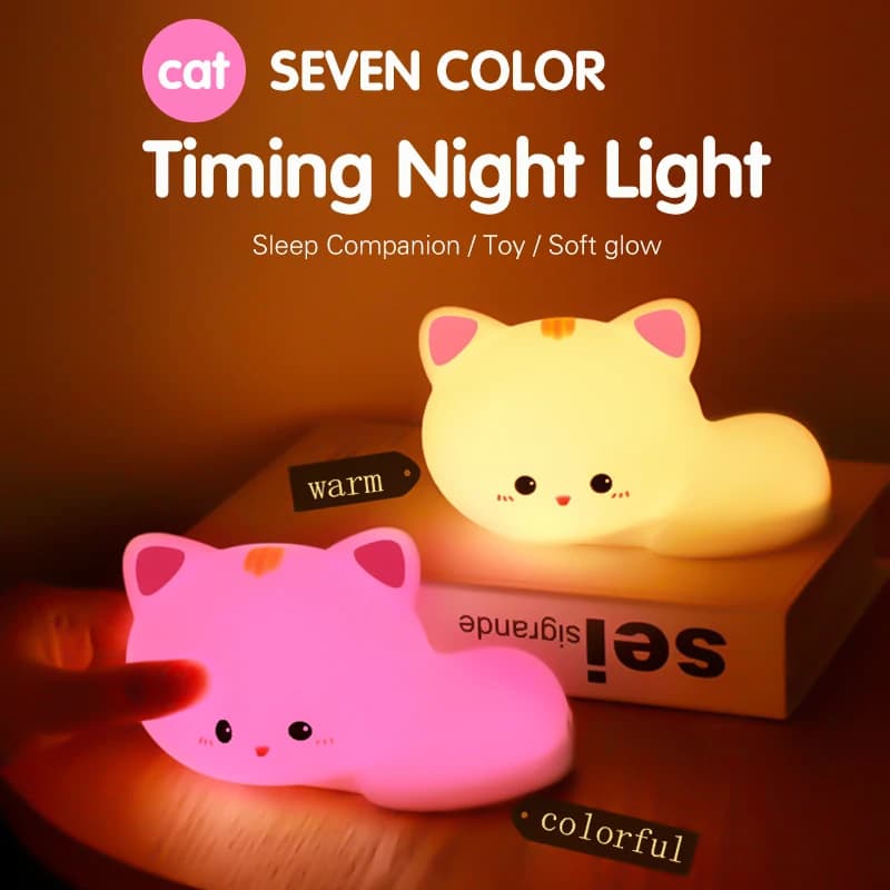 La luce notturna in silicone per gatti carini con le luci decorative che cambiano colore per accompagnare giocattoli e regali per bambini di notte