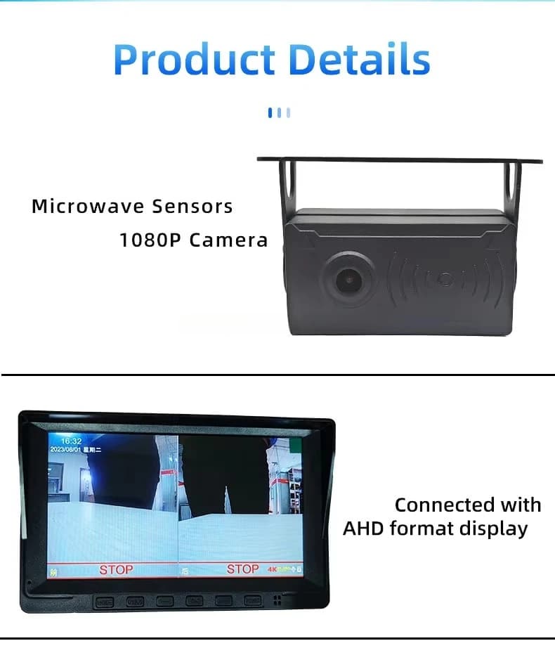 Sensore radar da 11 GHz Telecamera di parcheggio e retromarcia 3 in 1 DVR per camion e autobus Avviso cicalino di rilevamento punti ciechi con 7 pollici