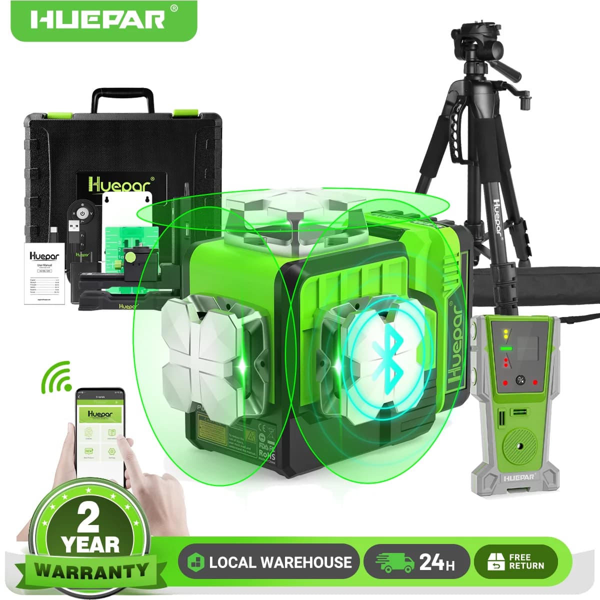 Huepar Livello laser verde 3D a 12 linee con telecomando, Bluetooth, ricevitore/treppiede, autolivellante e base magnetica per l'edilizia P03