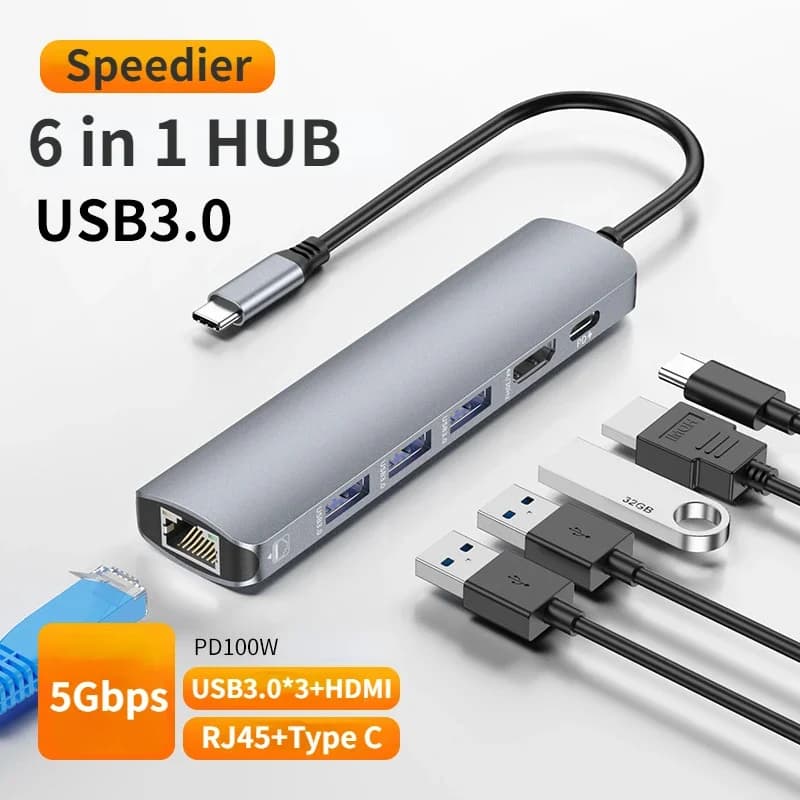 Docking Station 6 in 1 1000Mbps RJ45 Ethernet USB 3.0*3 Hub tipo C 4K HDMI compatibile 3 0 concentratore adattatore Splitter Dock USB