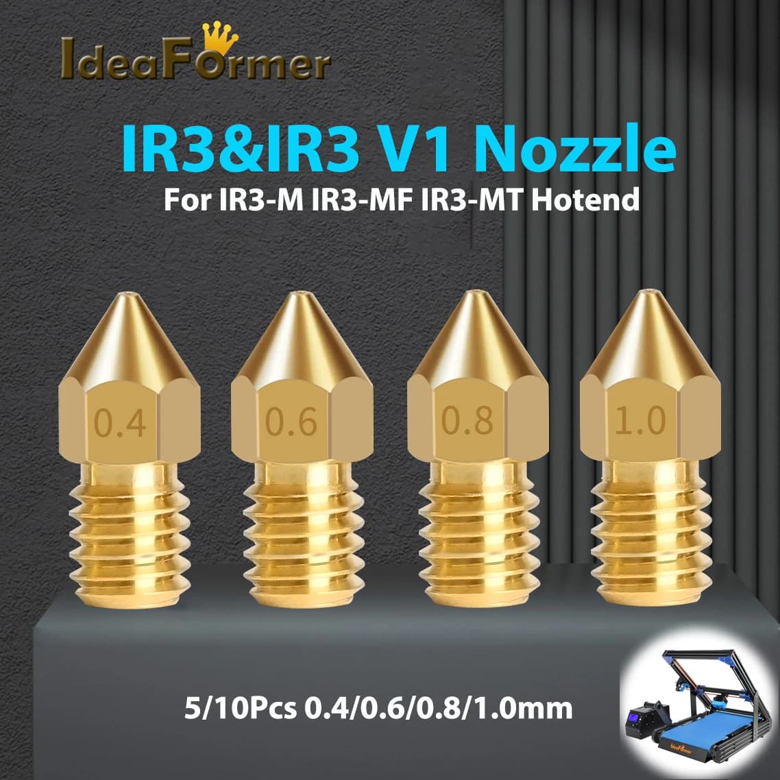IdeaFormer 5/10Pcs 0.4/0.6/0.8/1.0mm M6 Brass Nozzle For Conveyor Belt 3D Pritner IR3 V2 IR3 V1 3D Printer Parts