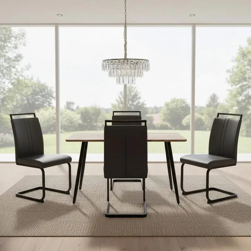 Tavolo da pranzo moderno e minimalista in MDF con sedie senza braccioli in PU, gambe in metallo nero, dimensioni ridotte per 4-6 posti, ideale per casa o ufficio