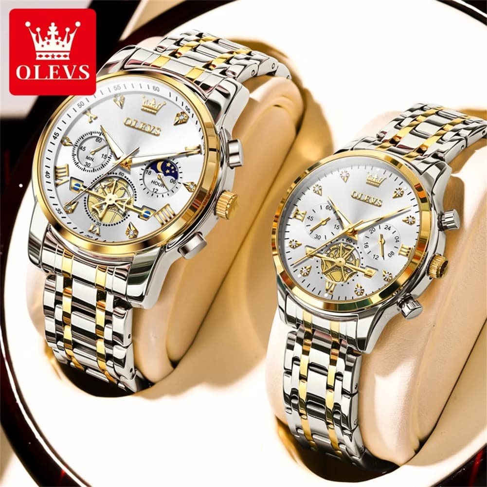 OLEVS Brand New coppia cronografo di lusso orologio al quarzo in acciaio inossidabile impermeabile luminoso moda coppia orologio da uomo e da donna