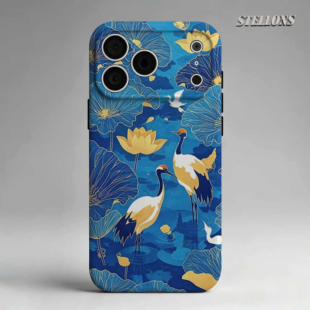 Custodia per telefono Blue Gold Crane Lotus con supporto magnetico per iPhone 17 16 15 14 13 Pro Max Plus, custodia robusta a strato singolo/doppio