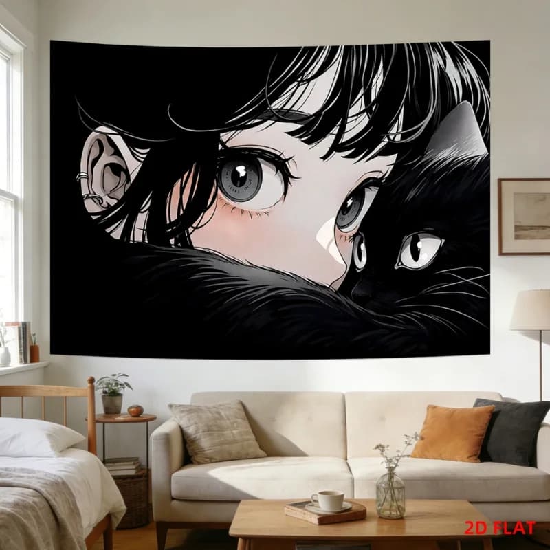 VIKAMA Cozy Anime Girl with Cat Tapestry, Aesthetic Wall Art for Bedroom, Living Room, Office & Meditation Space Decor