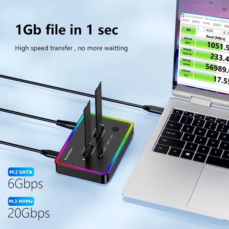 Case SSD M.2 con Doppio Protocollo Offline, Docking Station SSD Tipo C 10Gbps per PCIe NVME o SATA, Enclosure SSD a 2 Bay