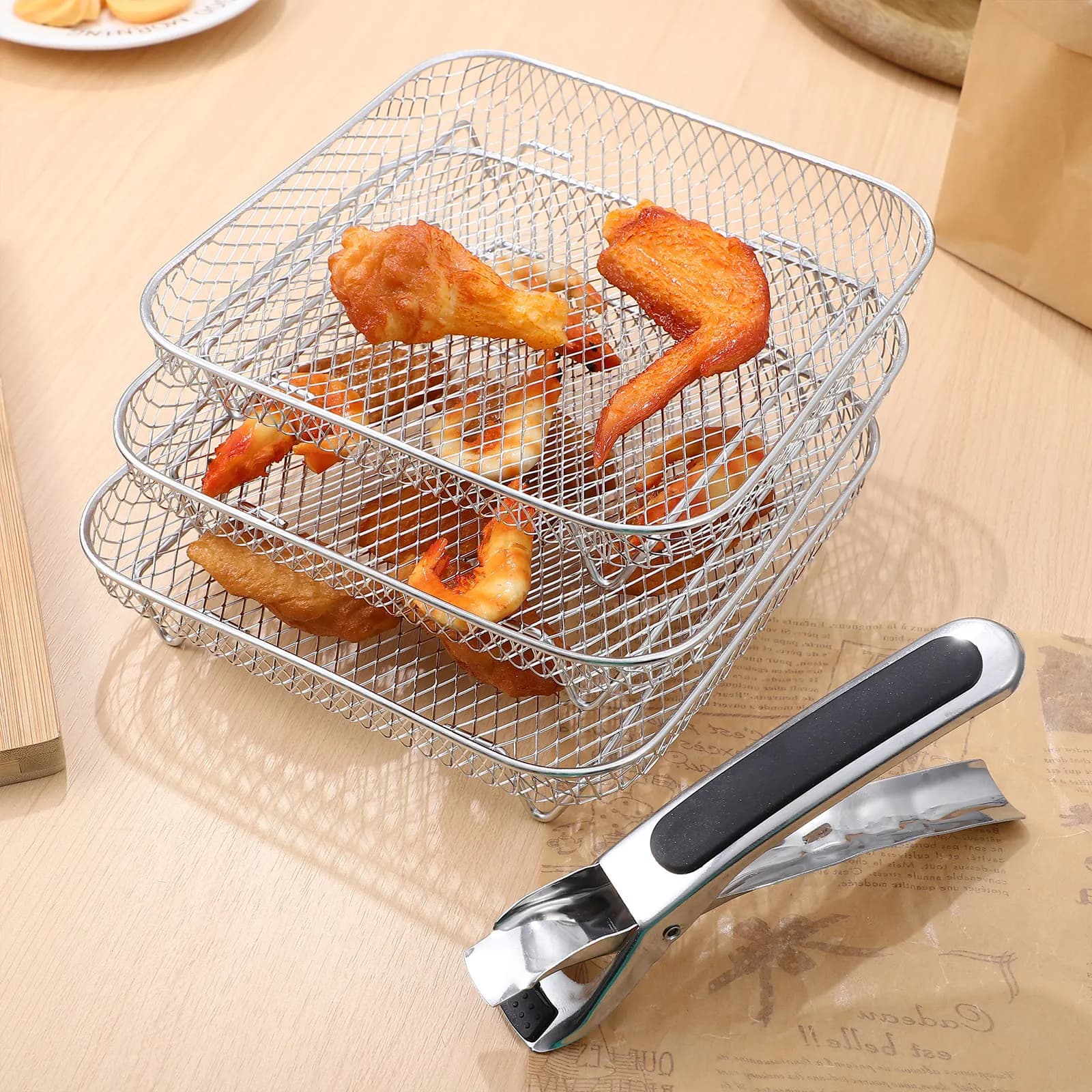 Set di 3 Griglie Impilabili in Acciaio Inox per Friggitrice ad Aria, Accessori per Forno e Utensili da Cucina