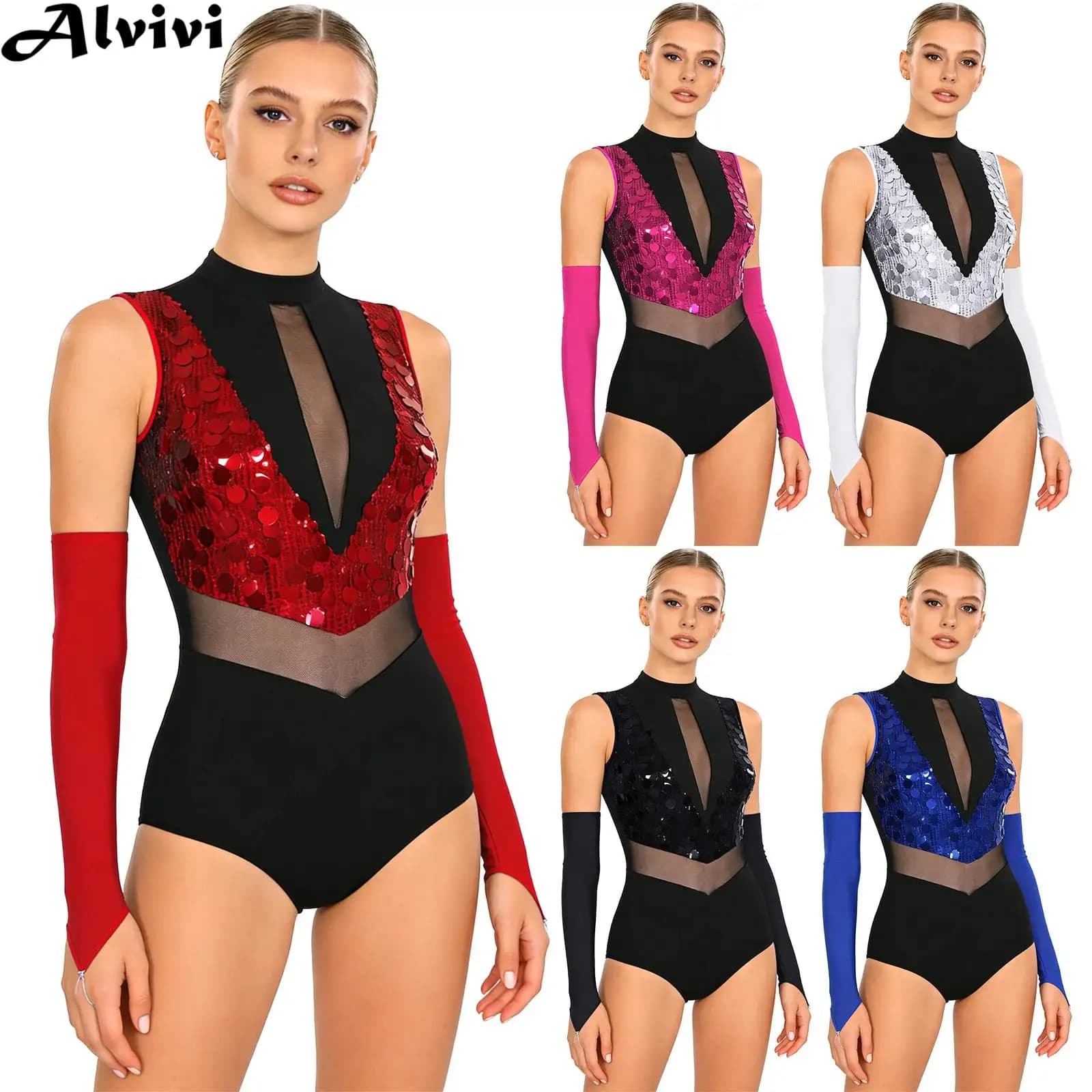 Body da ginnastica per pattinaggio di figura con paillettes lucide in rete trasparente senza maniche da donna con guanti Costume da ballo latino jazz cha-cha