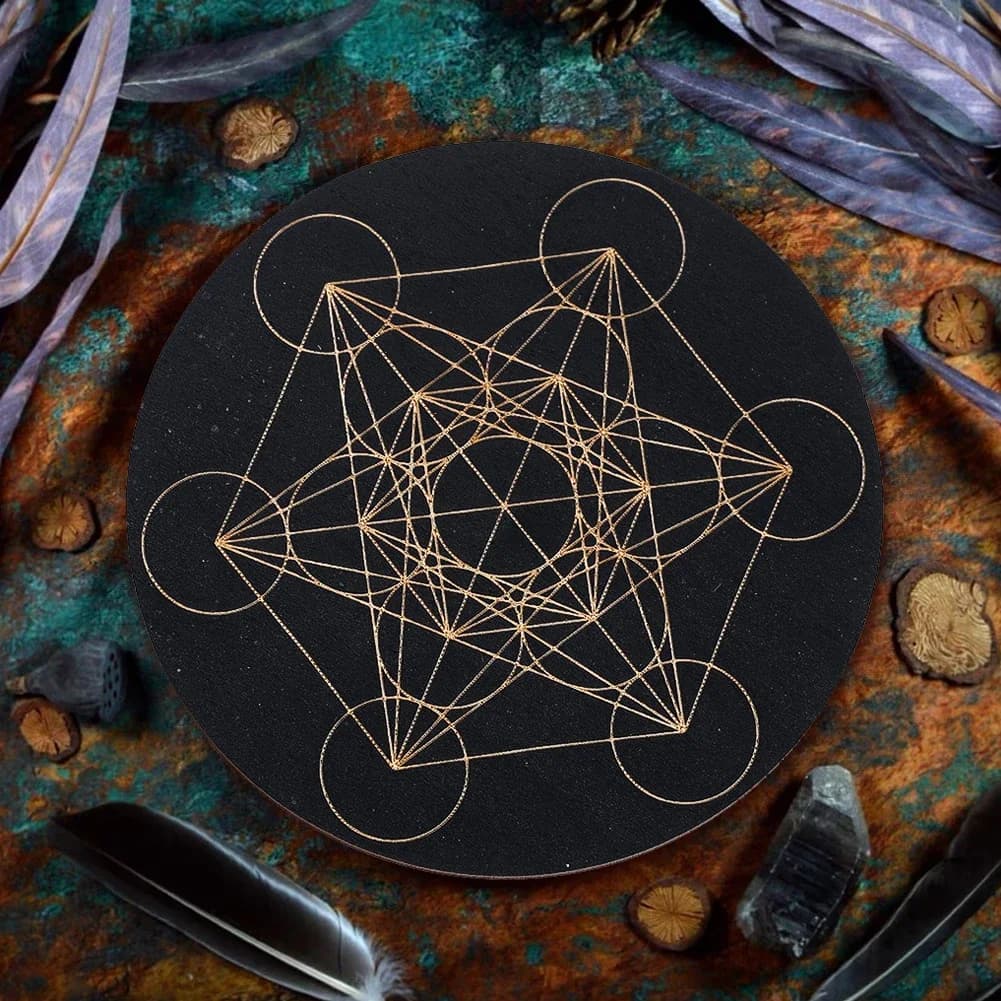 Scheda a pendolo cubo di Metatron Sfondo nero Rotondo in legno Magia Meditazione Decisione Piatto Stregoneria Wiccan Forniture Strumento