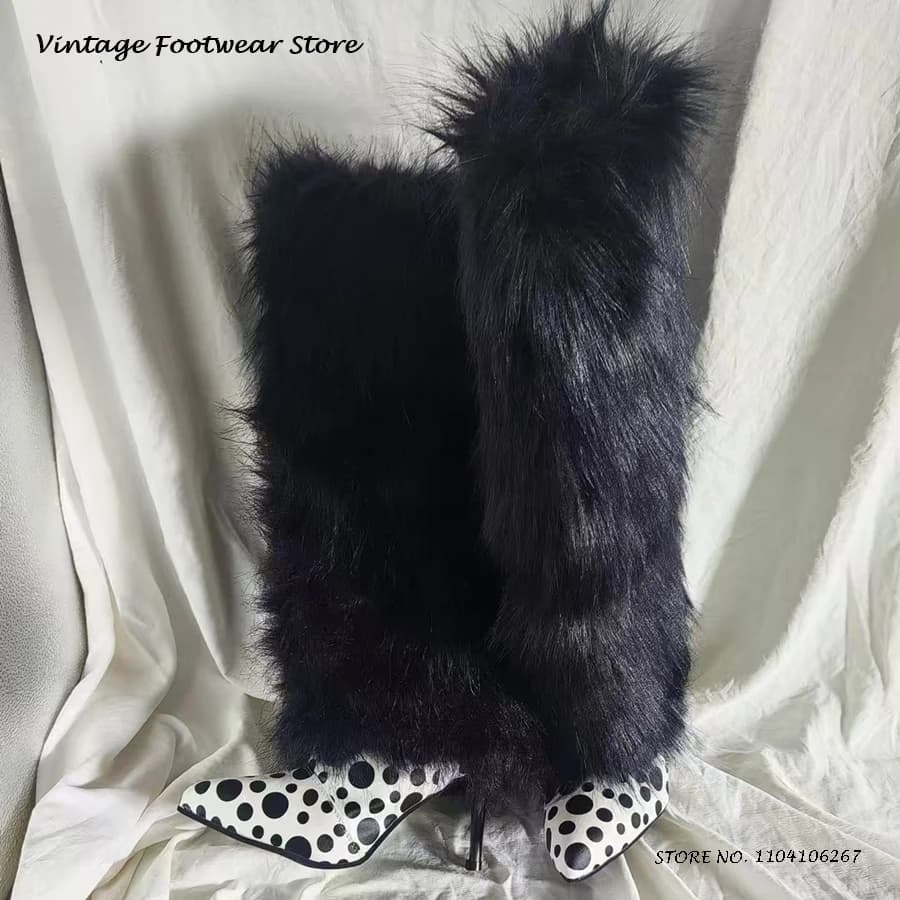 Stivali alti al ginocchio in pelliccia sintetica a pois Autunno Inverno Street Style Stivali moda Stivali da neve caldi con tacco a spillo a punta occidentale