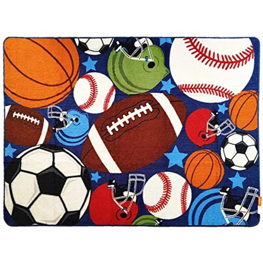 Tappeto Blu Sportivo in Nylon per Bambini e Bambine con Stampa Pallone da Calcio, Tennis, per Camera da Letto e Sala Giochi 51'' x 75''