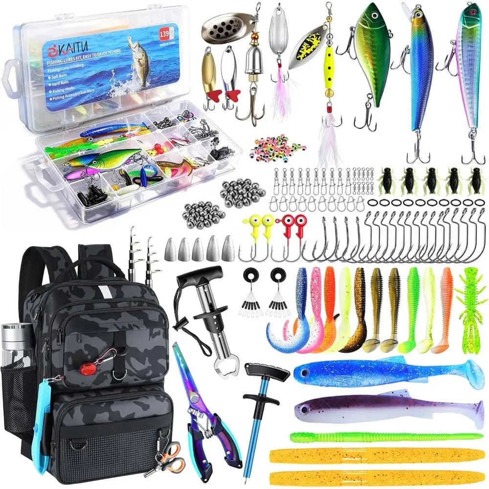 Zaino da Pesca con Scatole Porta Attrezzi, Porta Canna e Kit di Esche - Borsa a Tracolla da 24L per Uomini e Donne - Nero Mimetico