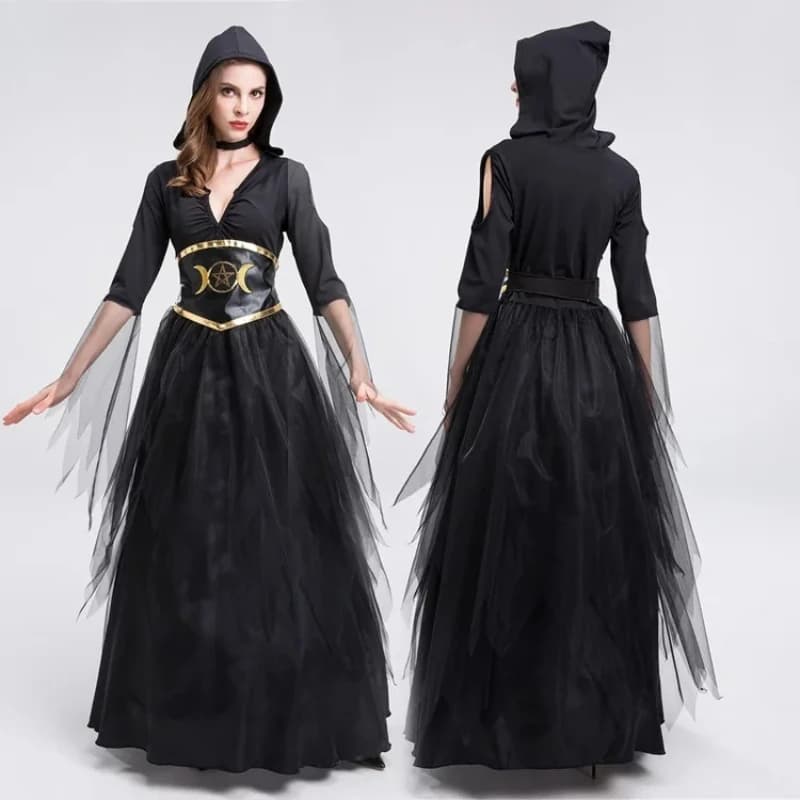 Abito da Strega Gotica - Design con Cappuccio e Cintura a Luna con Strascico in Tulle, Outfit a Tema Mistico per Halloween ed Eventi di Gioco di Ruolo