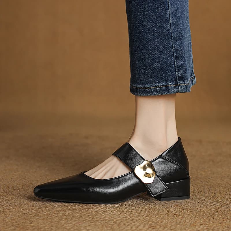 French Style Pointed Toe Small Leather Shoes Thick Heel Magic Sticker Shallow Mouth Shoes Non Slip Office Casual Women Footwear